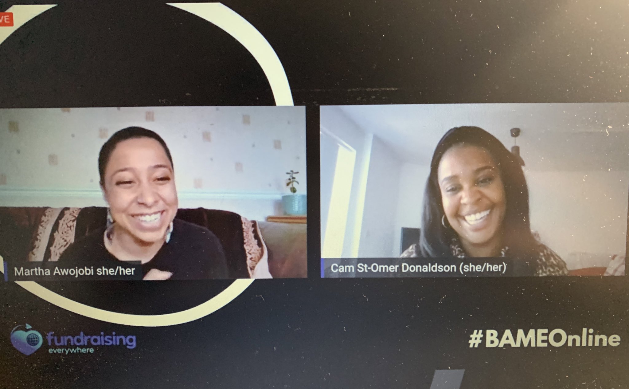 Screenshot from the BAME fundraising conference with two people smiling